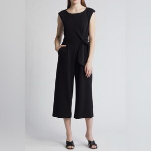 Tahari ASL Black Crepe Wide Crop Leg Tie Waist Jumpsuit